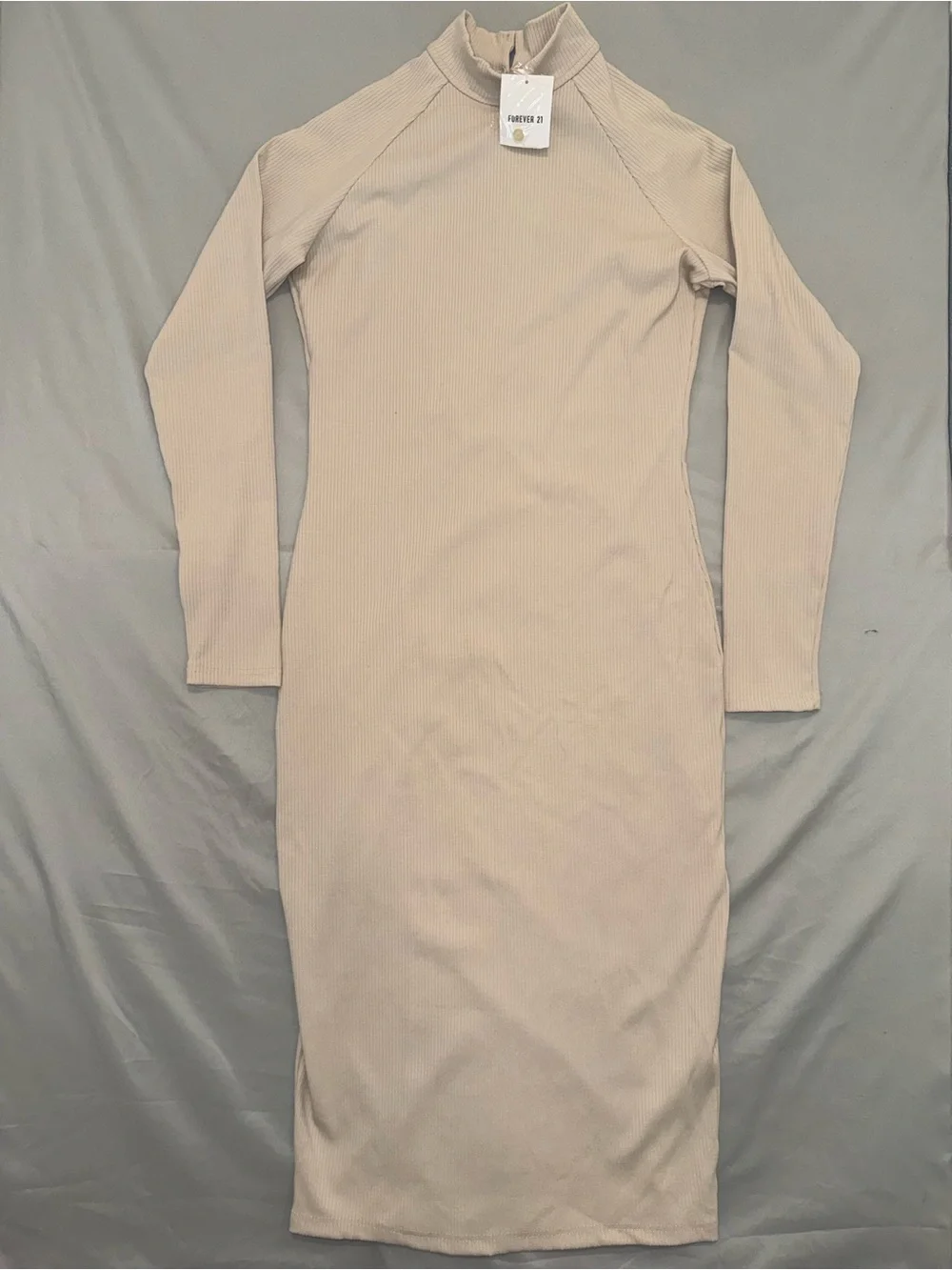 NWT Forever 21 Beige Ribbed Knit Keyhole Mock Neck Long Sleeve Midi Dress sz XL